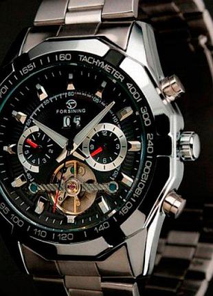 Годинник механічний forsining texas з автозаводом чорний 45 мм мінеральне скло металевий ремінець чолові dm-11