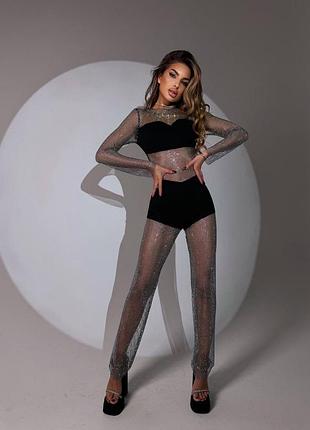 Жіночий святковий сяючий комбінезон декорований сіткою