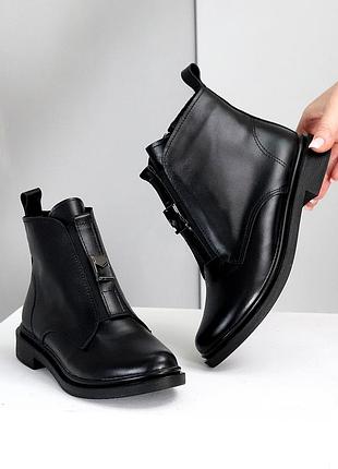 Шкіряні жіночі чорні черевики демісезонні черевики на флісі натуральна шкіра весна осінь