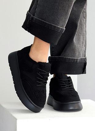 Элегантные замшевые женские черные кроссовки зимние теплые на меху натуральная замша зима