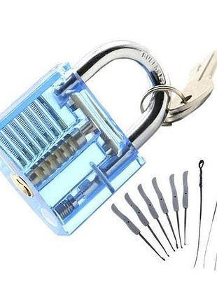 Тренувальний прозорий замок з 10 відмичками для слюсаря пластиковий 7.8x5x2.3 см з 2 ключами dm-11