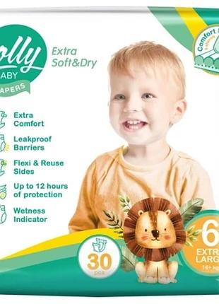 Подгузники lolly soft extra large 6 унисекс одноразовые от 16 кг 30 шт белые extra soft dry dm-11