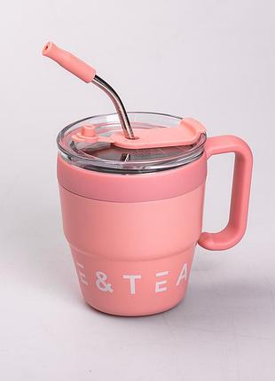Термочашка с трубочкой 480мл розовая вакуумная для кофе чая сока с ручкой для путешествий пикников ve-33