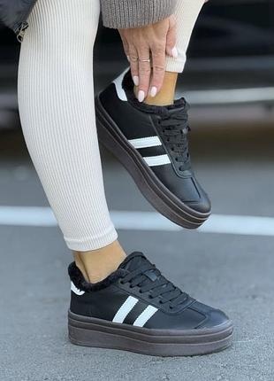 Кросівки кеди зимові з хутром на платформі чорні коричневі прес шкіряні жіночі