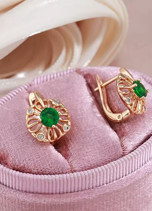 Серьги с зеленым цирконом, цвета розового золота 585п.