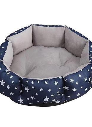 Круглий лежак для собак та кішок lesko м'який з високими бортиками синя зірка для комфортного сну ve-33