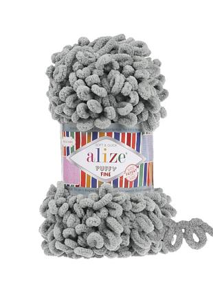 Пряжа alize puffy fine/алізе пуффі файн, димчастый серый 302