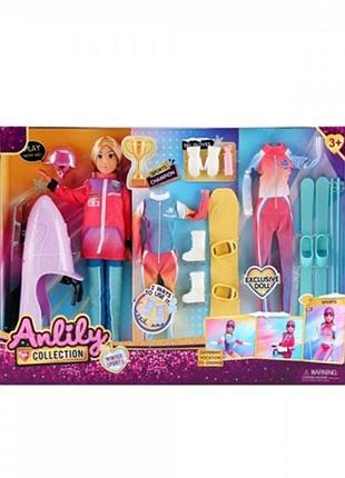 Лялька з вбранням 30 см, на шарнірах, лижні костюми, лижі, сноуборд, снігокат, 616281