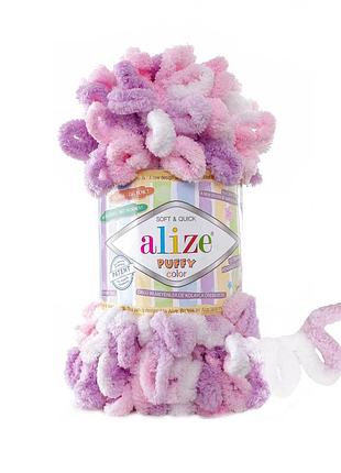 Пряжа alize puffy color/ализе пуффи колор, лиловый-розовый-белый 6051
