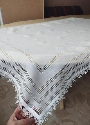 Вінтаж🤩👌🤍лляна старовинна скатертина, 77х124, з венеційським мереживом😍👍🤍💮
