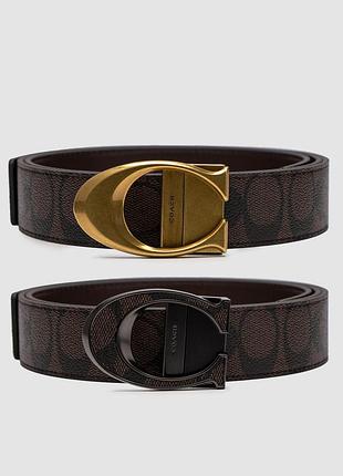 Ремень из гладкой кожи coach belt kit brown canvas/gold fittings 125 х 3.5 см