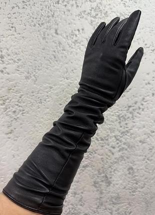 Довгі шкіряні чорні рукавички без утеплювача xs s