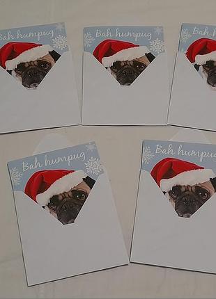 Конверт + різдвяна листівка з мопсом у шапці санта-клауса -bah humpug christmas wishes - 14х14 см