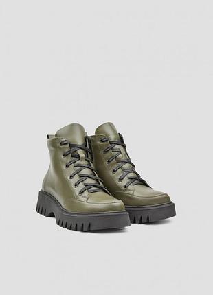 Ботинки женские хаки зеленые кожаные на шнурках и молнии 73208h