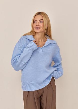 Блакитний светр поло з преміальної вовняної пряжі