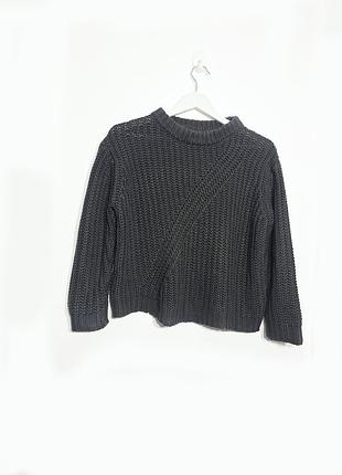 Свитер женский трендовый толстая вязка укороченный темно серый джемпер в маленький рубчик mango оверсайз