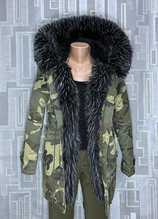 Куртка женская зимняя l 48 размер k.zell пуховик камуфляж хаки утепленная с меховым капюшоном