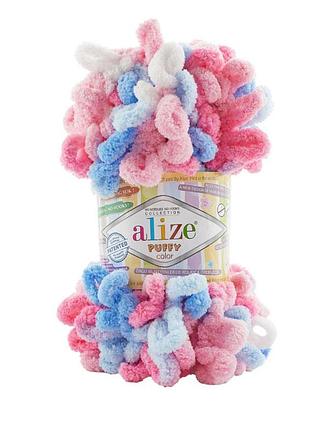 Пряжа alize puffy color/ализе пуффи колор, голубой-розовый-белый 6525