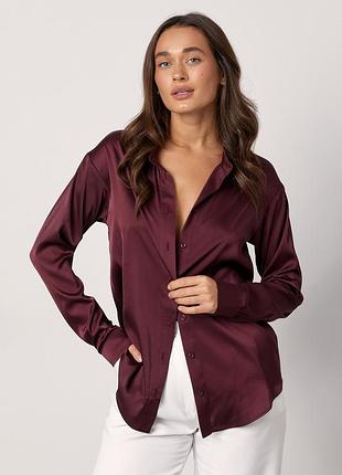 100% шовк. атласна блузка кольору баклажана з довгими рукавами