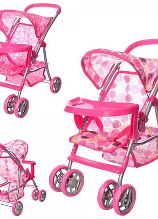 Коляска для ляльок металева 4 колеса, передні поворотні, козирок, кошик, столик 9304bwt025