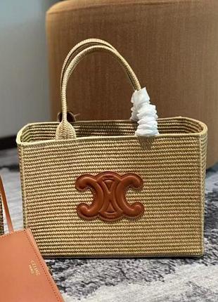 Celine medium panier triomphe tote bag in natural woven raffia with tan leather logo and handles 30x21,5x15