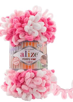 Пряжа alize puffy fine color/ализе пуффи файн колор, белый-розовый 6383