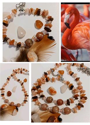 Комплект украшений. натуральные камни. авторские украшения. фламинго.