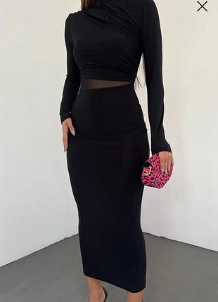 Розпродаж 🏷 турецька святкова сукня міді гольф з сіткою на талії та драпіровкою на грудях під горло