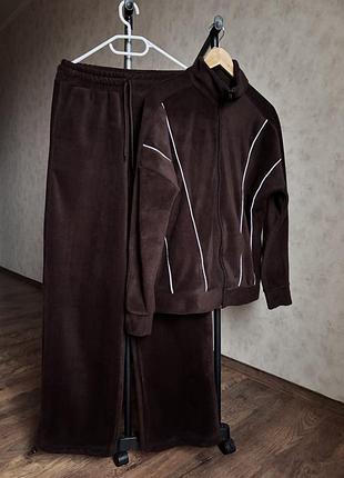 Костюм теплий зимовий флісовий кофта оверсайз + штани палаццо шоколадного кольору на високий зріст