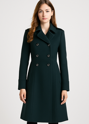 🎁1+1=3 шикарне темно-зелене довге двубортне пальто principles, розмір 48 - 50