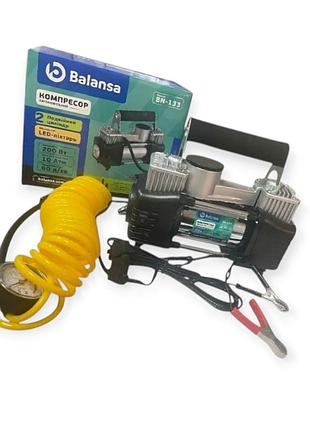 Компресор 2 цилін balansa 200w, 10атм, 60л, 20а, 5м шланг спірал з ман, клемми, насадки, сумка, ліхтар
