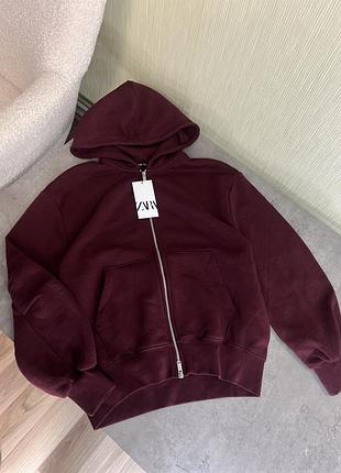 Шикарний зіп худі від zara на флісі, оверсайз, бордо zip