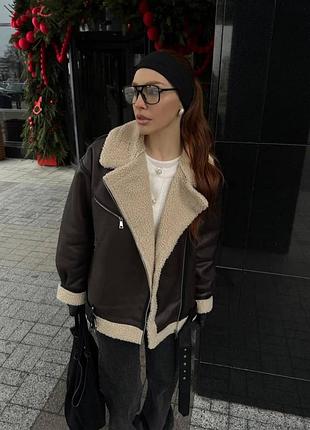 Жіноча тепла дублянка шоколадна хутро баранець до -10