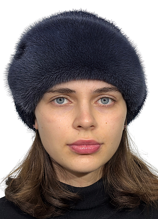 Жіночий трикотажний берет з натуральним хутром норки синій