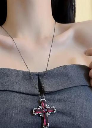 Кулон хрест з червоними кристалами готика гранж