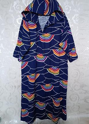 Р 16-18 / євро 46 / 50-52-54 яскравий синій махровий халат у веселках довгий з капюшоном бавовна великий батал гдр