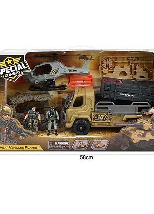 Військовий набір g 3109-58 (12) машина з запускачем, гелікоптер, 2 фігурки військових, рухомі частини, зброя, укриття, в коробці