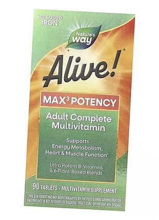 Мультивитамины с железом, alive! max3 potency adult complete multivitamin with iron, nature's way 90таб