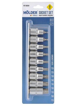 Набор торцевых головок torx molder 1/2" cr-v 9шт для автомобилей размеры t20-t70 комплект для ремонта и ve-33