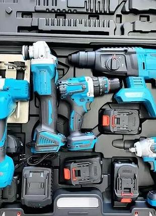 Набор электроинструментов 5в1 шуруповерт болгарка гайковерт перфоратор циркуляр синий чемодан