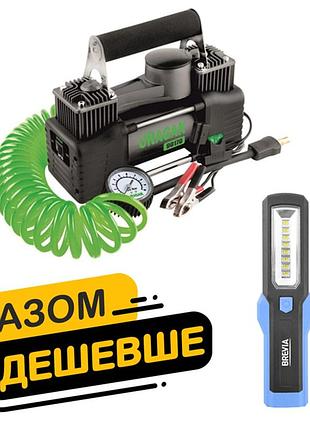Подарочный комплект компрессор uragan 360вт и фонарь brevia led 300lm для авто и освещения инспекционный dm-11