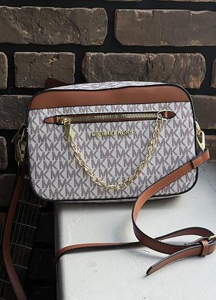 Сумка жіноча michael kors jet set large logo bag ivory пудрово — коричневий мішал корс через плече