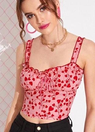 Топ shein майка розовая с сердечками на замке корсетного типа