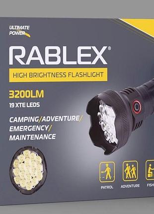 Фонарь ручной rablex rb-917, 19xte, 1*18650 аккум, type-c, 3200lm