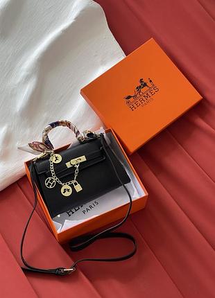 Сумка жіноча hermes kelly mini чорний із хусткою крос боді хермес