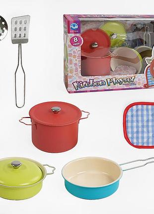 Дитячий набір посуду 1818-5 a (36/2) металевий, 2 каструлі, 2 кришки, пательня, 2 лопатки, рушничок, в коробці