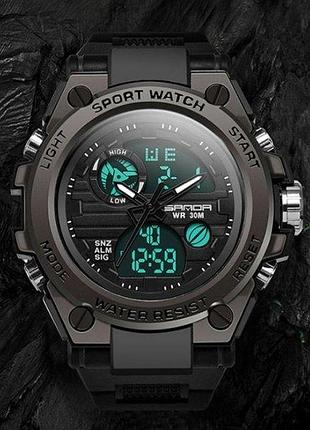 Мужские спортивные часы sanda tattoo черные кварцевые с секундомером и будильником для активного отдыха dm-11