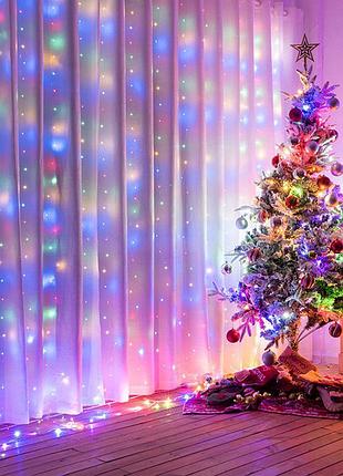 Гирлянда штора водопад 480 led rgb 3х3м цветная для декора окон новогодняя светодиодная гирлянда dm-11