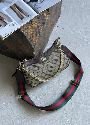 Сумка жіноча gucci ophidia коричневий гуччі через плече на широкому ремені