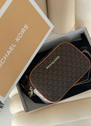 Сумка жіноча michael kors крос-боді коричневий + білий на широкому ремені майкл корс
